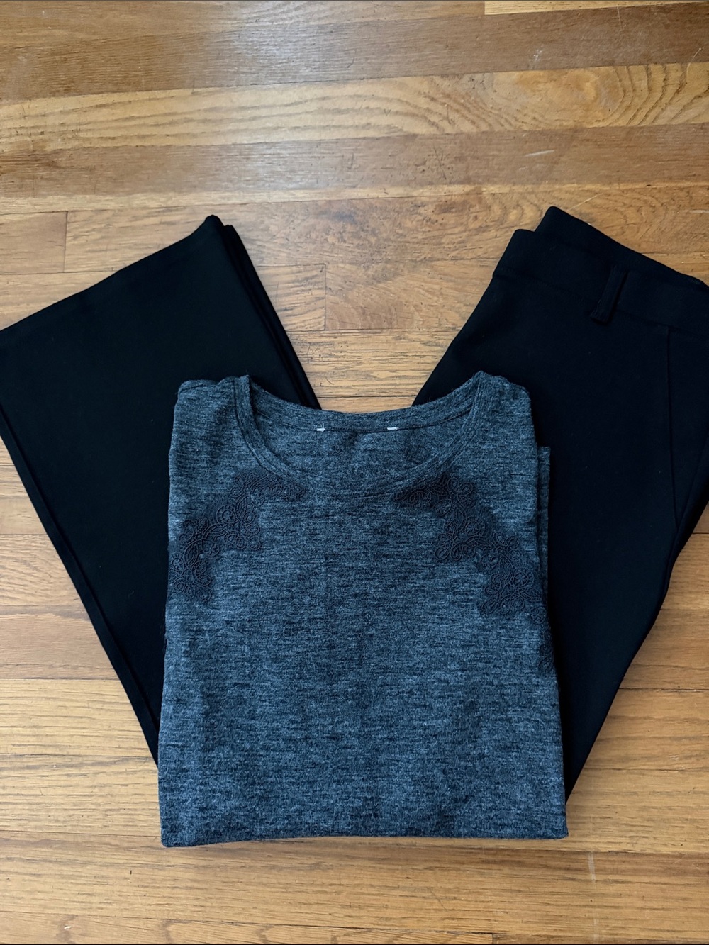 Loft charcoal gray lightweight sweater with black lace detail. Size S.